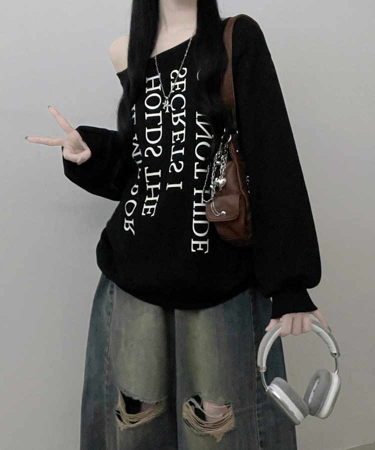 하이드레터링프린팅오프숄더박스핏맨투맨 블랙