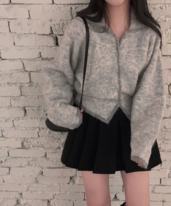 밑단 똑 잡아주는 2탄윈터 에디션 겨울부클 카라 배색 잘록핏 니트 가디건 연그레이