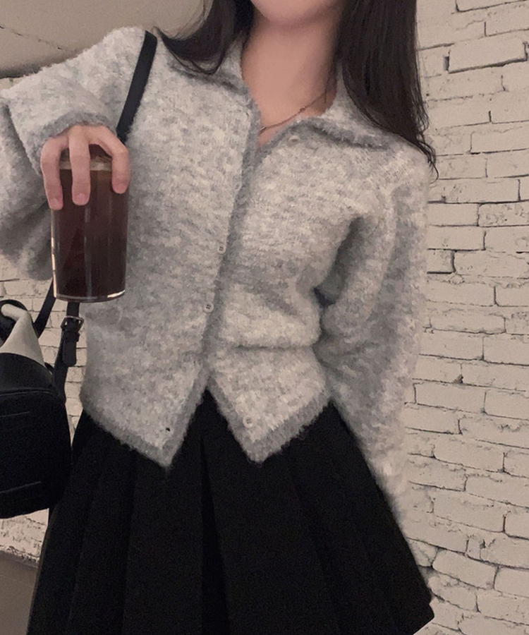 밑단 똑 잡아주는 2탄윈터 에디션 겨울부클 카라 배색 잘록핏 니트 가디건 연그레이