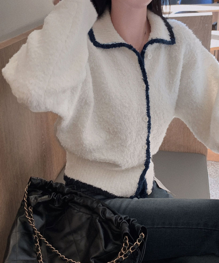 밑단 똑 잡아주는 2탄윈터 에디션 겨울부클 카라 배색 잘록핏 니트 가디건 아이보리