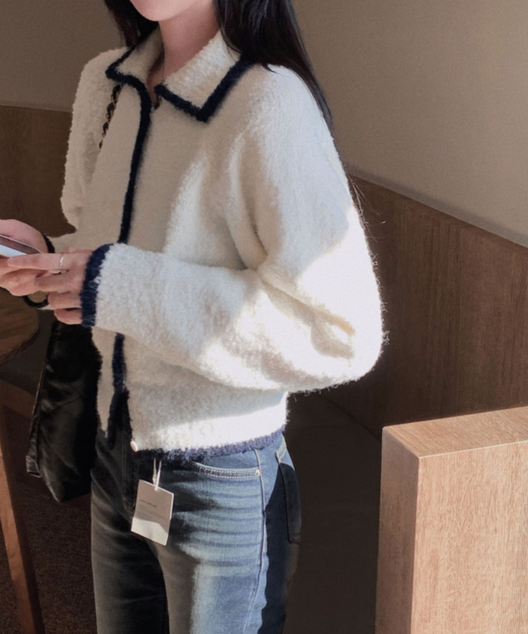 밑단 똑 잡아주는 2탄윈터 에디션 겨울부클 카라 배색 잘록핏 니트 가디건 아이보리