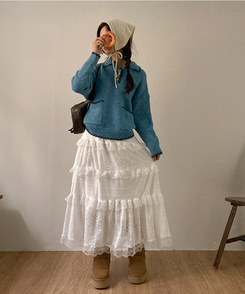 달콤 레이스 빈티지 프릴 캉캉 모리걸 롱 스커트 화이트