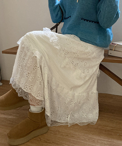 달콤 레이스 빈티지 프릴 캉캉 모리걸 롱 스커트 화이트