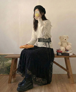 달콤 레이스 빈티지 프릴 캉캉 모리걸 롱 스커트 블랙