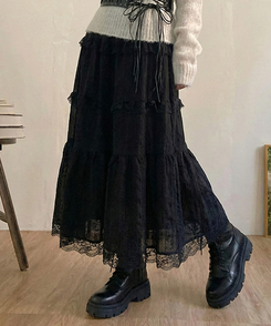 달콤 레이스 빈티지 프릴 캉캉 모리걸 롱 스커트 블랙