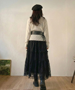 달콤 레이스 빈티지 프릴 캉캉 모리걸 롱 스커트 블랙