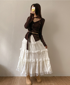 달콤 레이스 빈티지 프릴 캉캉 모리걸 롱 스커트 베이지