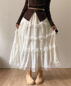 달콤 레이스 빈티지 프릴 캉캉 모리걸 롱 스커트 베이지