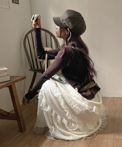 달콤 레이스 빈티지 프릴 캉캉 모리걸 롱 스커트 베이지