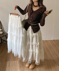 달콤 레이스 빈티지 프릴 캉캉 모리걸 롱 스커트 베이지