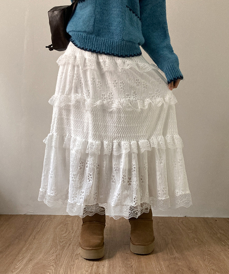 달콤 레이스 빈티지 프릴 캉캉 모리걸 롱 스커트 화이트