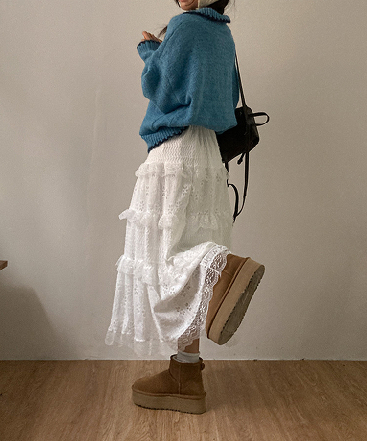 달콤 레이스 빈티지 프릴 캉캉 모리걸 롱 스커트 화이트