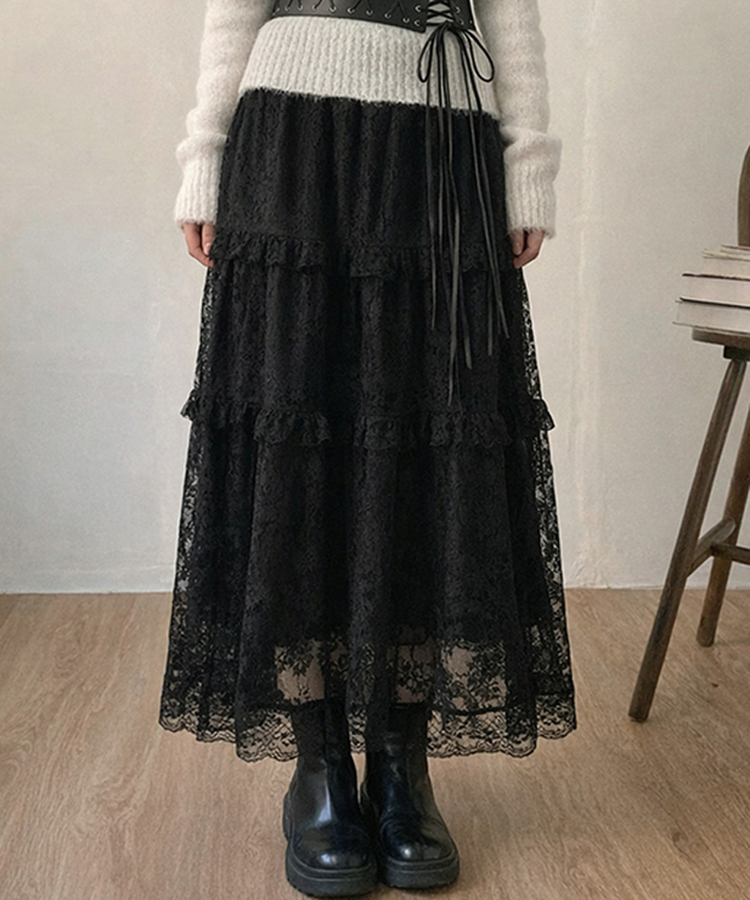 달콤 레이스 빈티지 프릴 캉캉 모리걸 롱 스커트 블랙