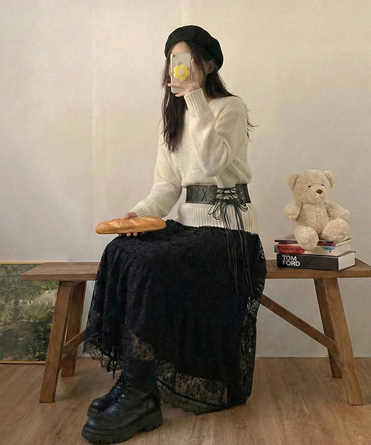 달콤 레이스 빈티지 프릴 캉캉 모리걸 롱 스커트 블랙