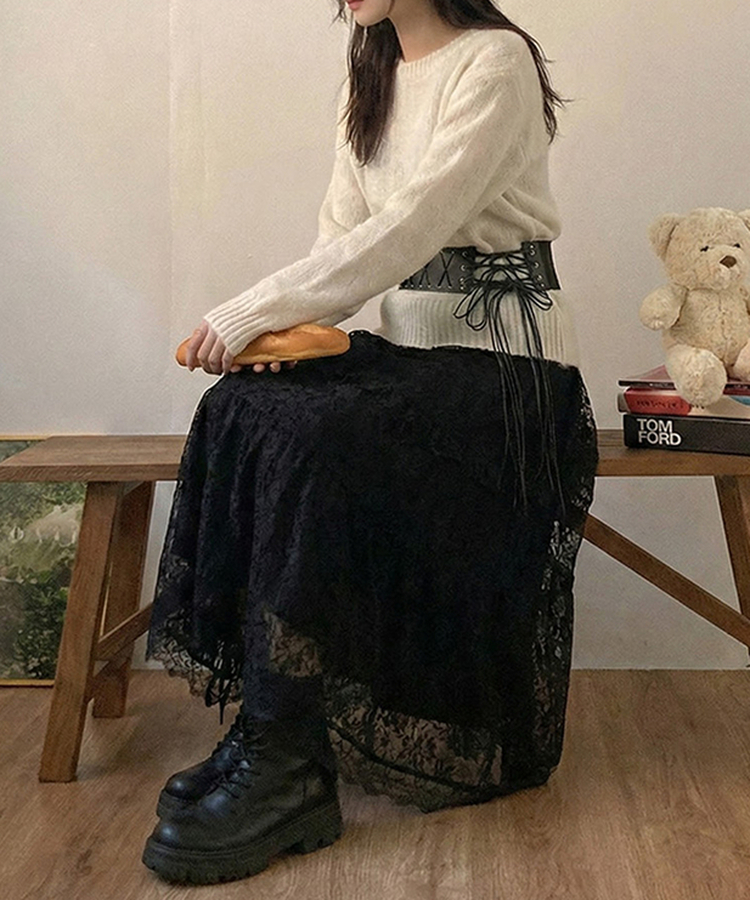 달콤 레이스 빈티지 프릴 캉캉 모리걸 롱 스커트 블랙