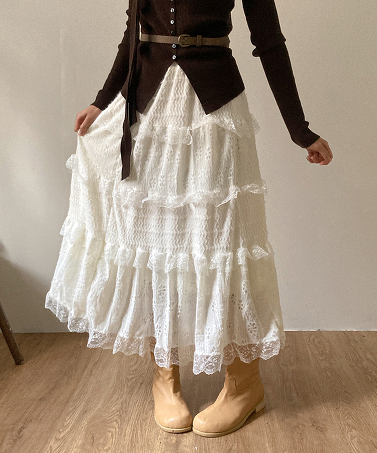 달콤 레이스 빈티지 프릴 캉캉 모리걸 롱 스커트 베이지
