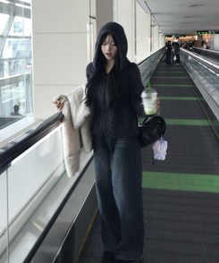 꽈배기 후드 니트 집업 먹색