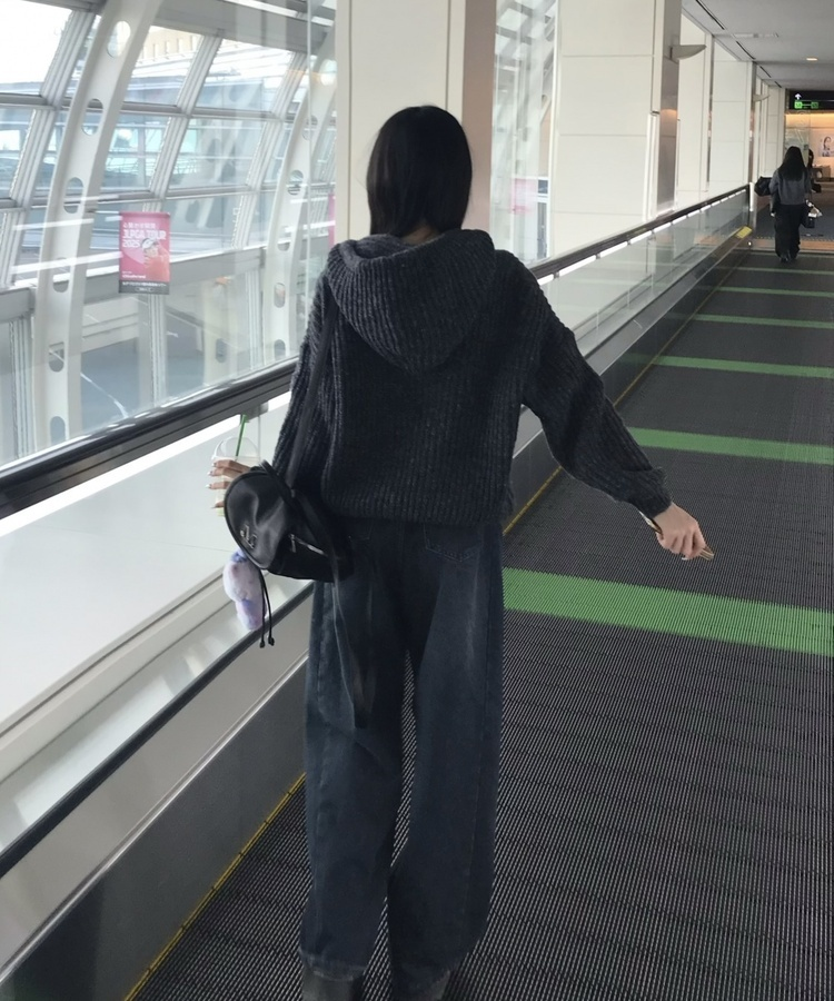 꽈배기 후드 니트 집업 먹색