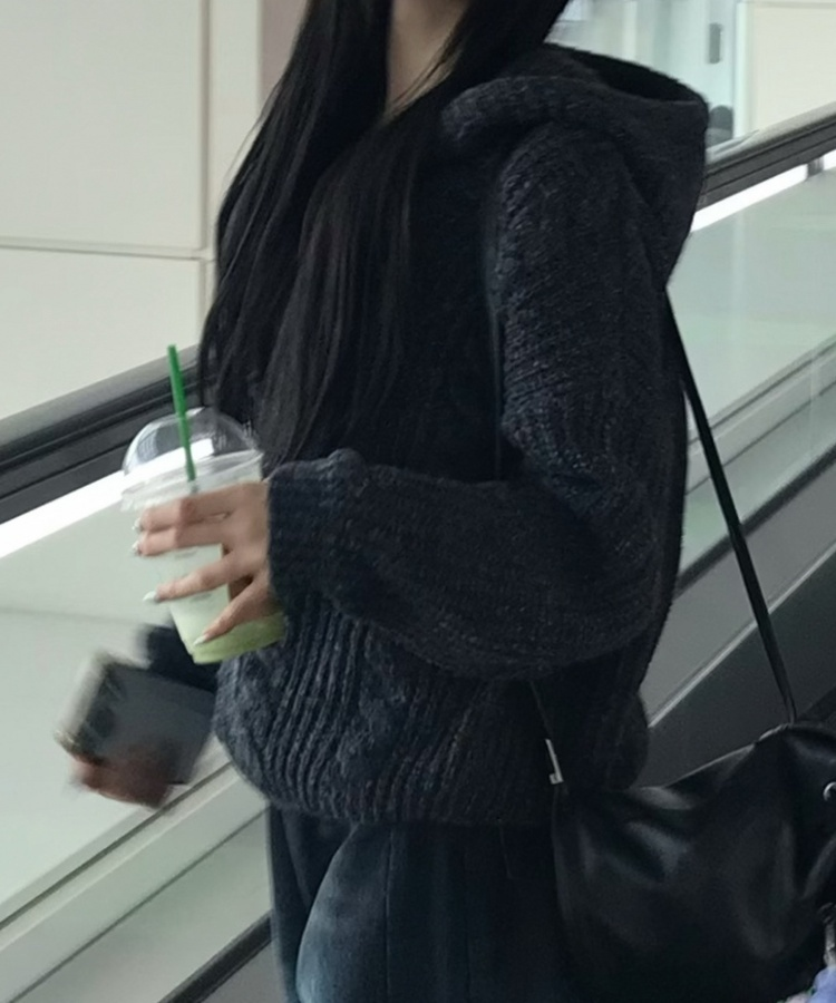 꽈배기 후드 니트 집업 먹색