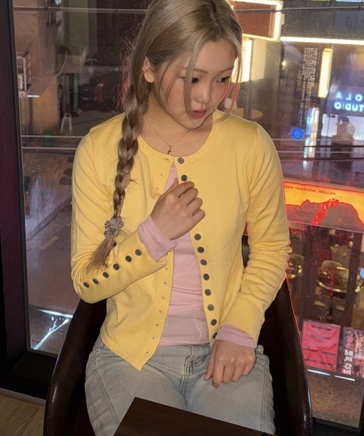 레트로 슬림 버튼 가디건 옐로우
