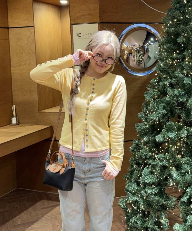 레트로 슬림 버튼 가디건 옐로우