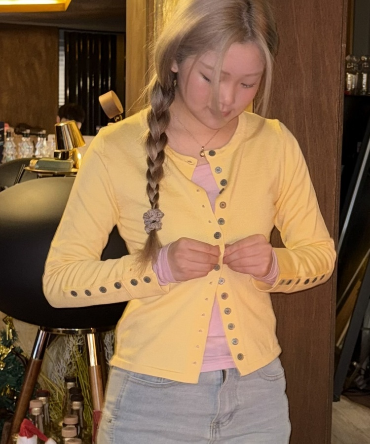 레트로 슬림 버튼 가디건 옐로우