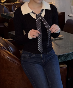 (세트)도트 타이 니트 블랙