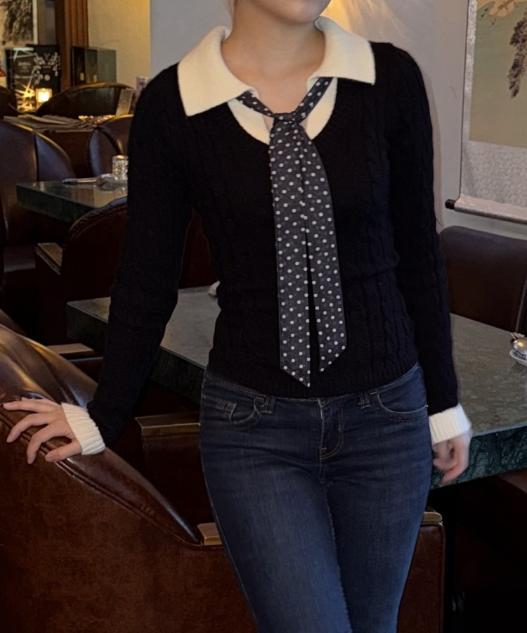 (세트)도트 타이 니트 블랙