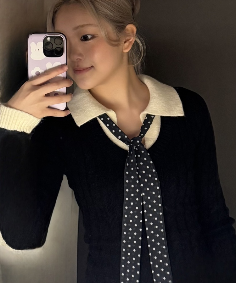 (세트)도트 타이 니트 블랙