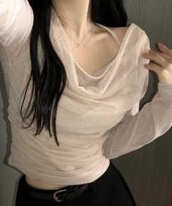 ホルターネックシフォンシャーリングブラウスTシャツ BEIGE