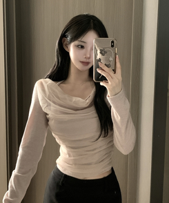 ホルターネックシフォンシャーリングブラウスTシャツ BEIGE