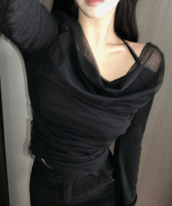 ホルターネックシフォンシャーリングブラウスTシャツ BLACK