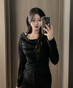 ホルターネックシフォンシャーリングブラウスTシャツ BLACK