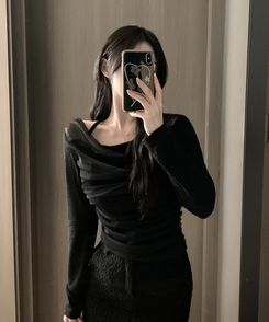 ホルターネックシフォンシャーリングブラウスTシャツ BLACK