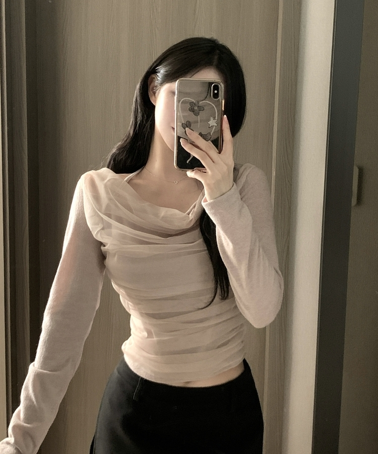 ホルターネックシフォンシャーリングブラウスTシャツ BEIGE