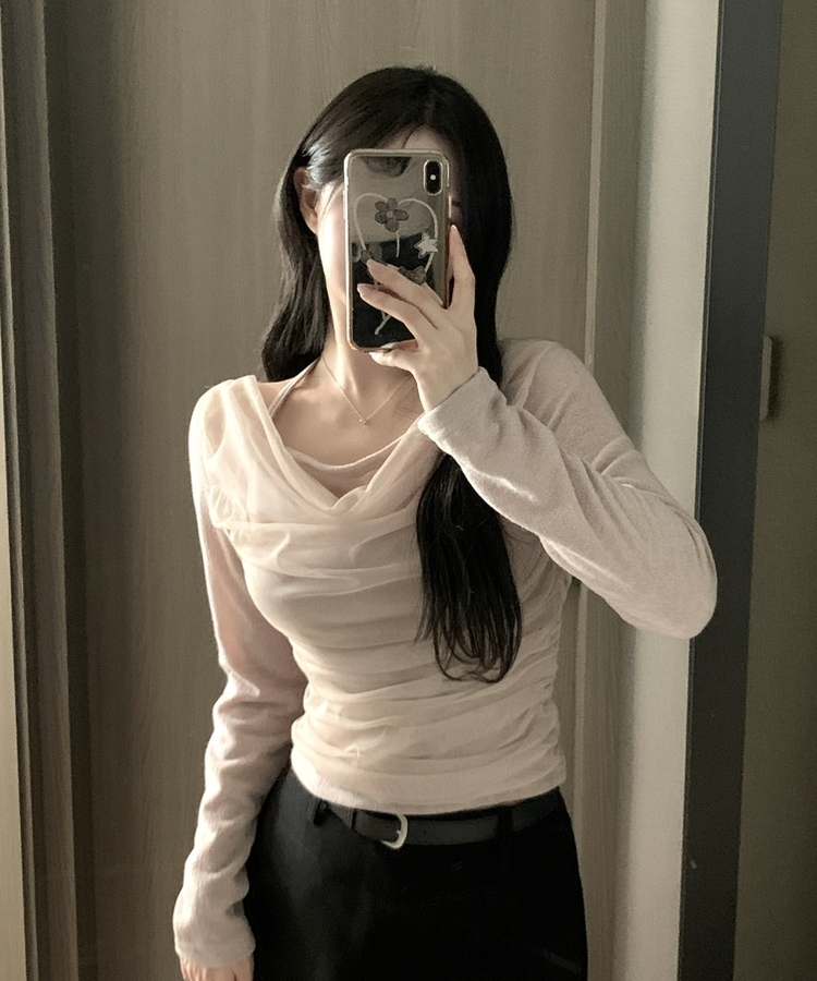 ホルターネックシフォンシャーリングブラウスTシャツ BEIGE