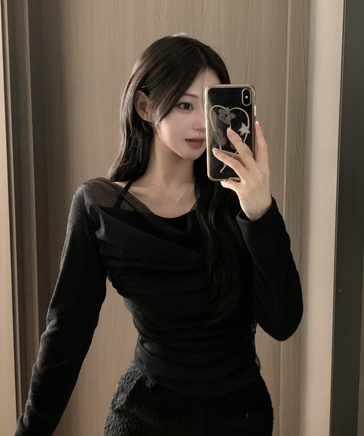 ホルターネックシフォンシャーリングブラウスTシャツ BLACK