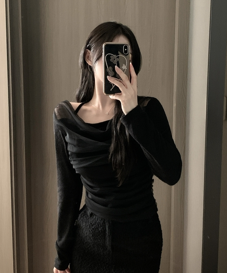 ホルターネックシフォンシャーリングブラウスTシャツ BLACK