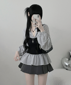 스트라이프뷔스티에레이어드주름핀턱셔츠남방 흰색