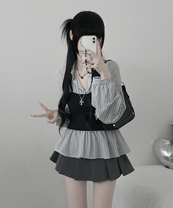 스트라이프뷔스티에레이어드주름핀턱셔츠남방 흰색