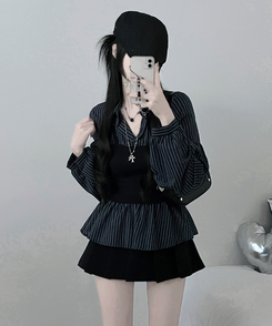 스트라이프뷔스티에레이어드주름핀턱셔츠남방 곤색