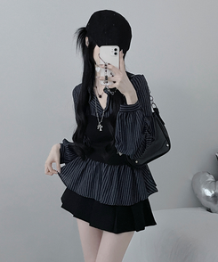 스트라이프뷔스티에레이어드주름핀턱셔츠남방 곤색