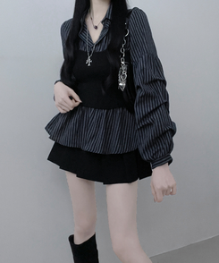 스트라이프뷔스티에레이어드주름핀턱셔츠남방 곤색