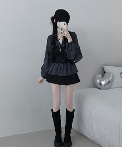 스트라이프뷔스티에레이어드주름핀턱셔츠남방 곤색