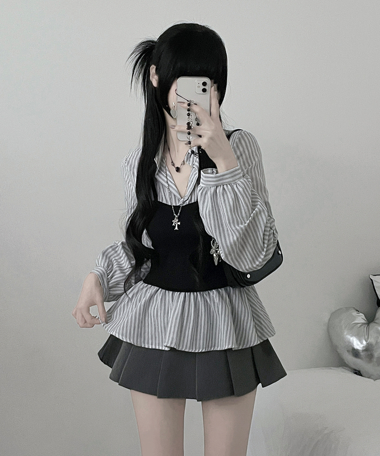 스트라이프뷔스티에레이어드주름핀턱셔츠남방 흰색