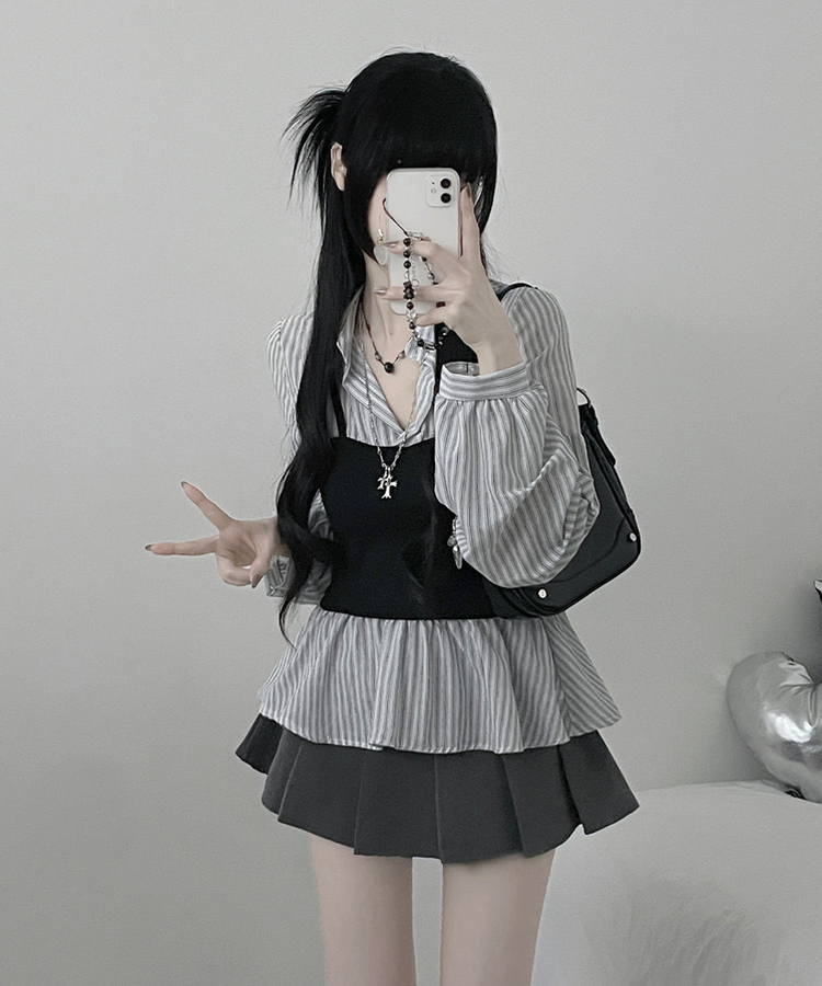 스트라이프뷔스티에레이어드주름핀턱셔츠남방 흰색