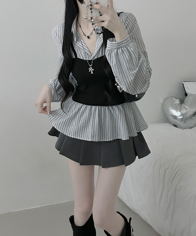 스트라이프뷔스티에레이어드주름핀턱셔츠남방 흰색