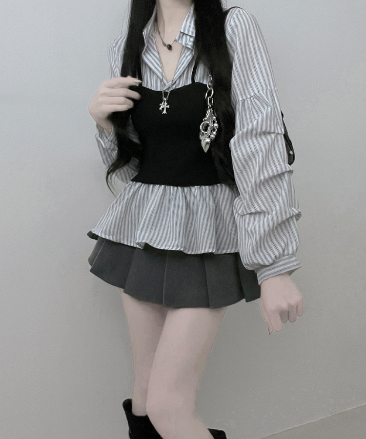 스트라이프뷔스티에레이어드주름핀턱셔츠남방 흰색