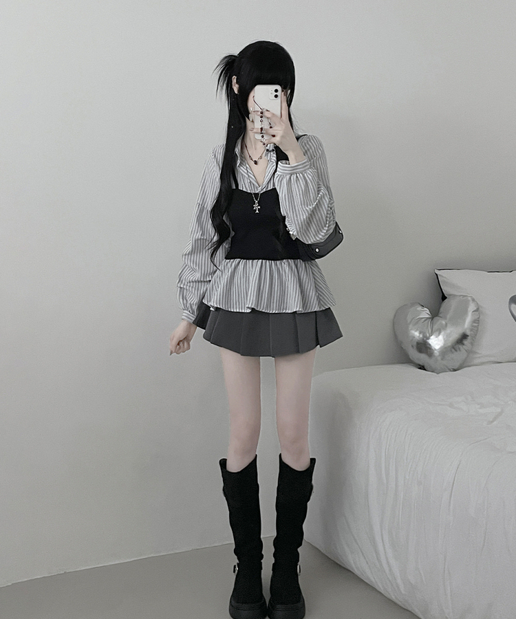 스트라이프뷔스티에레이어드주름핀턱셔츠남방 흰색