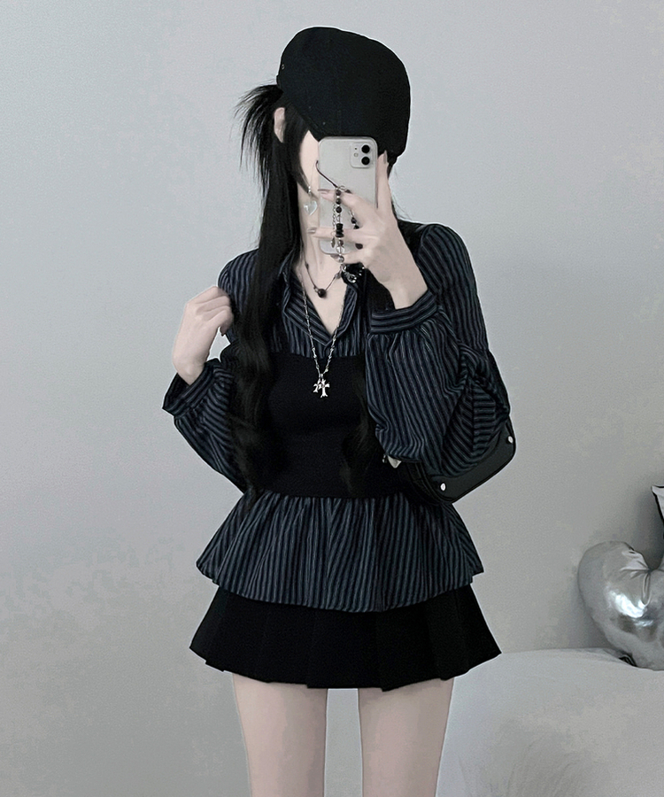 스트라이프뷔스티에레이어드주름핀턱셔츠남방 곤색